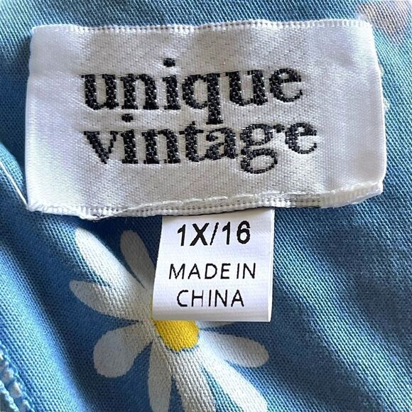 UNIQUE VINTAGE 50s Daisy Halter Swing Dress in Blue and White 1X - Picture 6 of 12